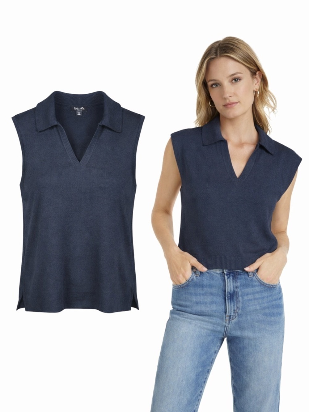 Splendid Navy Sleeveless Sweater Top | Collared V-Neck Knit | Soft Stretch | XS
